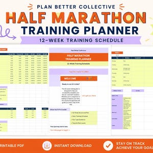 Puede incluir: Un planificador de entrenamiento de media maratón de 12 semanas con un horario estructurado, tablas de ritmo y seguimiento de objetivos. El documento presenta acentos en naranja, azul y amarillo con texto que incluye Plan Better Collective, Half Marathon Training Planner y 12-Week Training Schedule. Incluye secciones para objetivos semanales, notas diarias y pautas de carrera para una distancia de 13,1 millas.