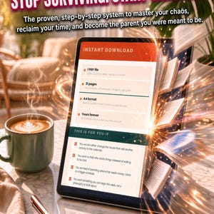 May include: A digital tablet displaying a document titled STOP SURVIVING. START THRIVING. The screen lists details including 1 PDF file, 31 pages, A4 format, and Yours forever. A green mug with coffee and a metallic pen sit on the table nearby.