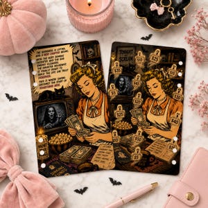 Peut inclure: Deux inserts de planificateur rectangulaires avec une illustration de style vintage représentant une femme gérant ses finances parmi des fantômes. Le texte indique : The darkness is lifting, and a new chapter begins.