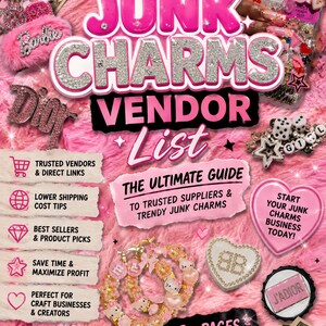 Puede incluir: Un folleto digital titulado JUNK CHARMS VENDOR LIST THE ULTIMATE GUIDE TO TRUSTED SUPPLIERS & TRENDY JUNK CHARMS. El fondo es de piel sintética de color rosa brillante. Incluye imágenes de fundas de teléfono decoradas, joyas y cuadros de texto.