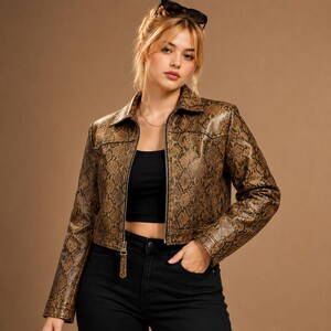 Women’s Brown Snakeskin Print Leather Jacket – Handmade Cropped Python Style Genuine Leather Jacket, Gift for Her