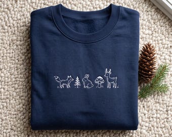 Embroidered Woodland Animals Sweatshirt, Minimalist Winter Forest Crewneck, Cute Deer Rabbit Fox Sweater, Nature Lover Holiday Gift