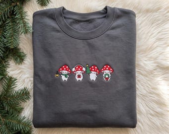 Embroidered Christmas Mushroom Sweatshirt, Cute Cottagecore Winter Holiday Crewneck, Fairycore Xmas Fungi Gift for Nature Lover