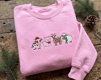 Embroidered Pastel Farm Animals Christmas Sweatshirt, Baby Cow Piglet Goat Sheep Holiday Crewneck, Cute Farm Mom Gift