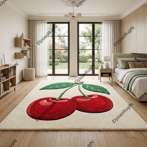 Alfombra Cherry Area Carpet Cute Fruit Hand Tuned Wool Kawaii Red Green Marfil Gruesa Plush 3D Tallada Dormitorio Guardería Rectangular Tamaño Personalizado