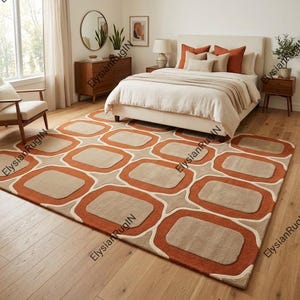 Geometric Retro Area Rug Mid Century Modern Hand Tufted Wool Terracotta Beige Thick Plush 3D Carved Bedroom Rectangle 8x10 9x12 Custom Size