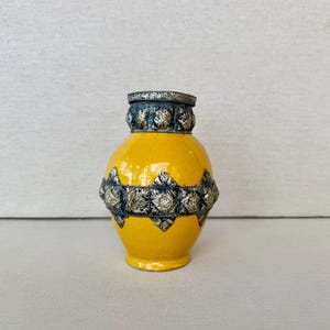Vintage Moroccan Ceramic Vase - Yellow Glazed Pottery Metal Overlay