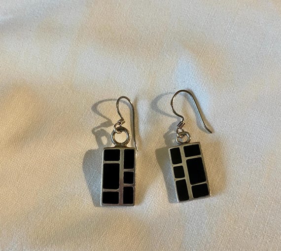 Vintage Black and 925 Silver Rectangular Dangle E… - image 4