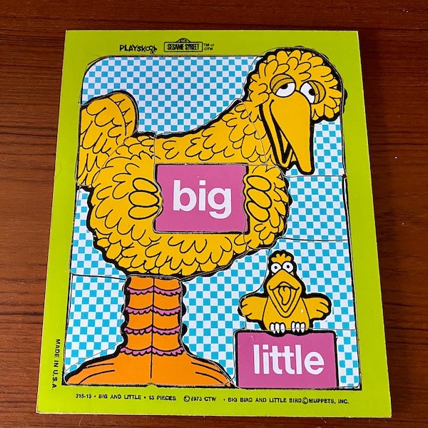 Playskool Sesamstraat puzzel 9,5"x11,5" - Big Bird - "Groot en klein" - Vintage 13-delige houten puzzel jaren 1970