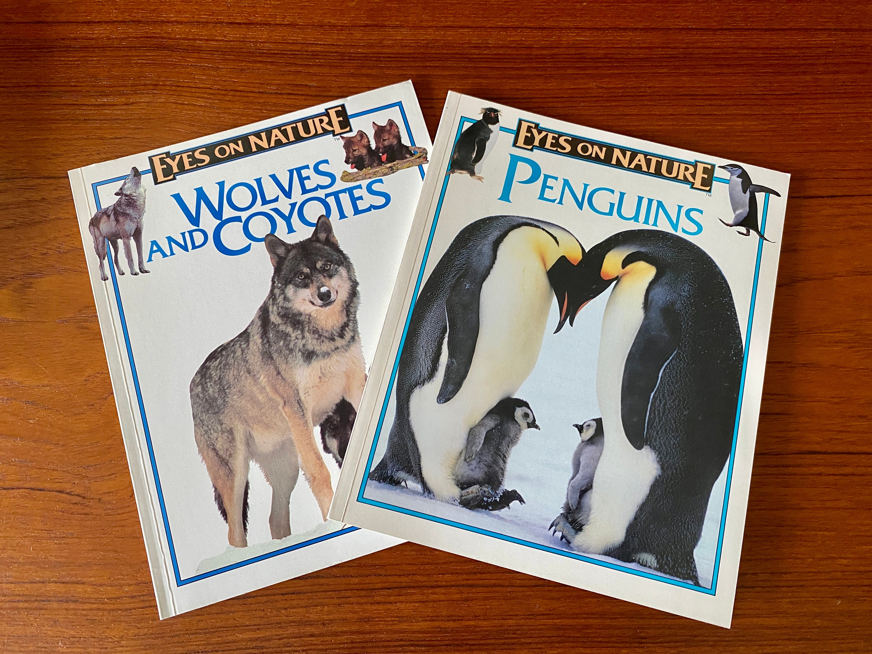 Eyes on Nature Series - 2 Books - Penguins - Wolves and Coyotes - Vintage Softcover Children's Books 1990's
