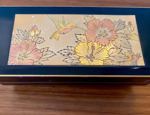 Vintage Chokin Lacquered Music Jewelry Box: Japanese Hummingbird
