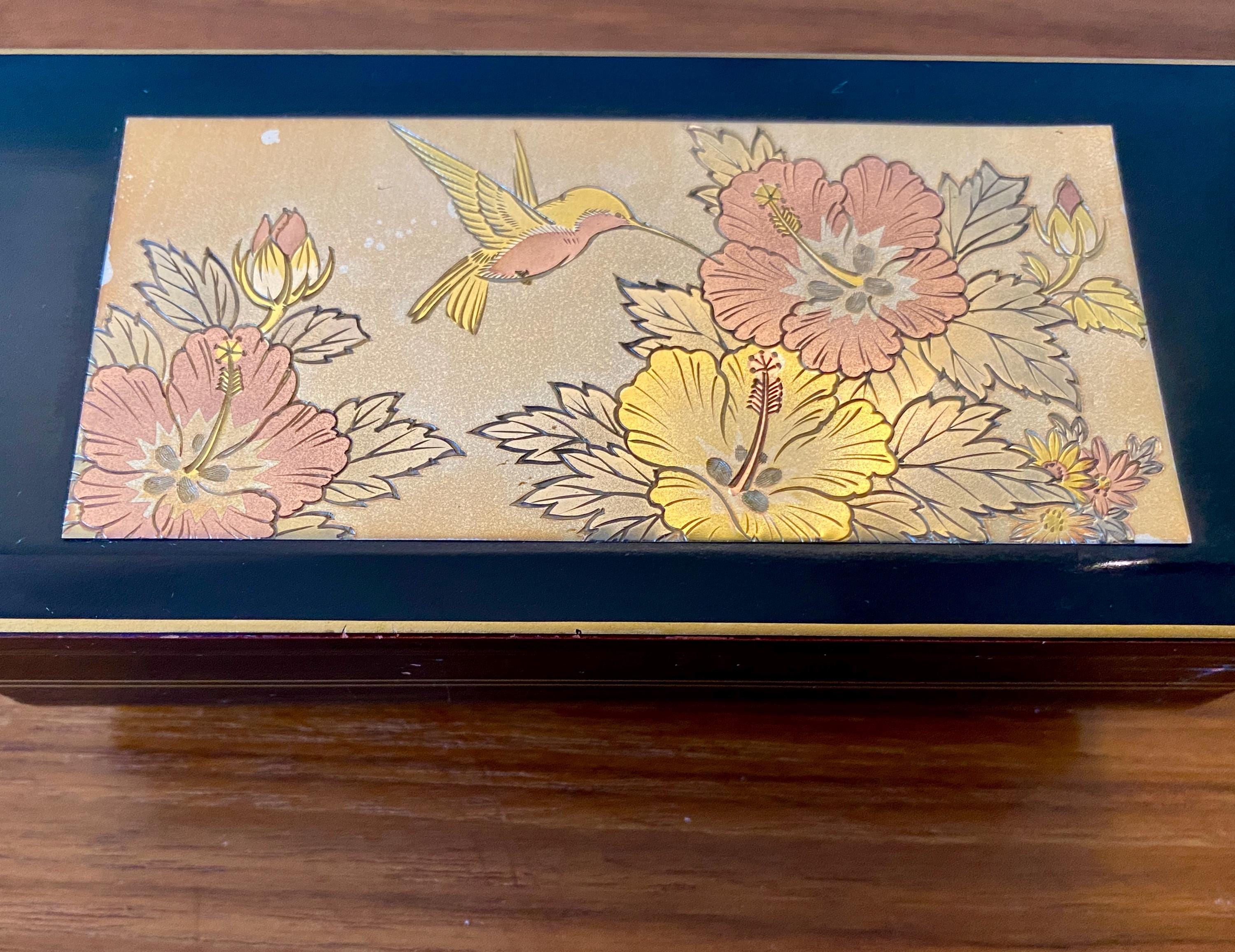 Vintage Chokin Lacquered Music Jewelry Box: Japanese Hummingbird