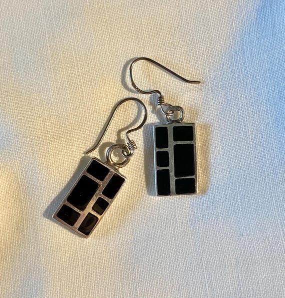 Vintage Black and 925 Silver Rectangular Dangle E… - image 2