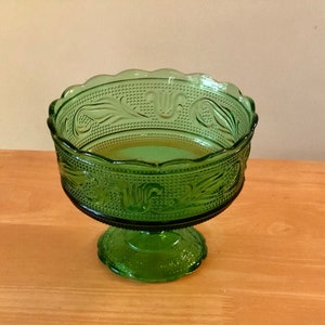 Vintage E.O. Brody Green Glass Pedestal Dish for Candy, Etc. - Cleveland, Ohio M6000 - Embossed Floral Pattern 1960's