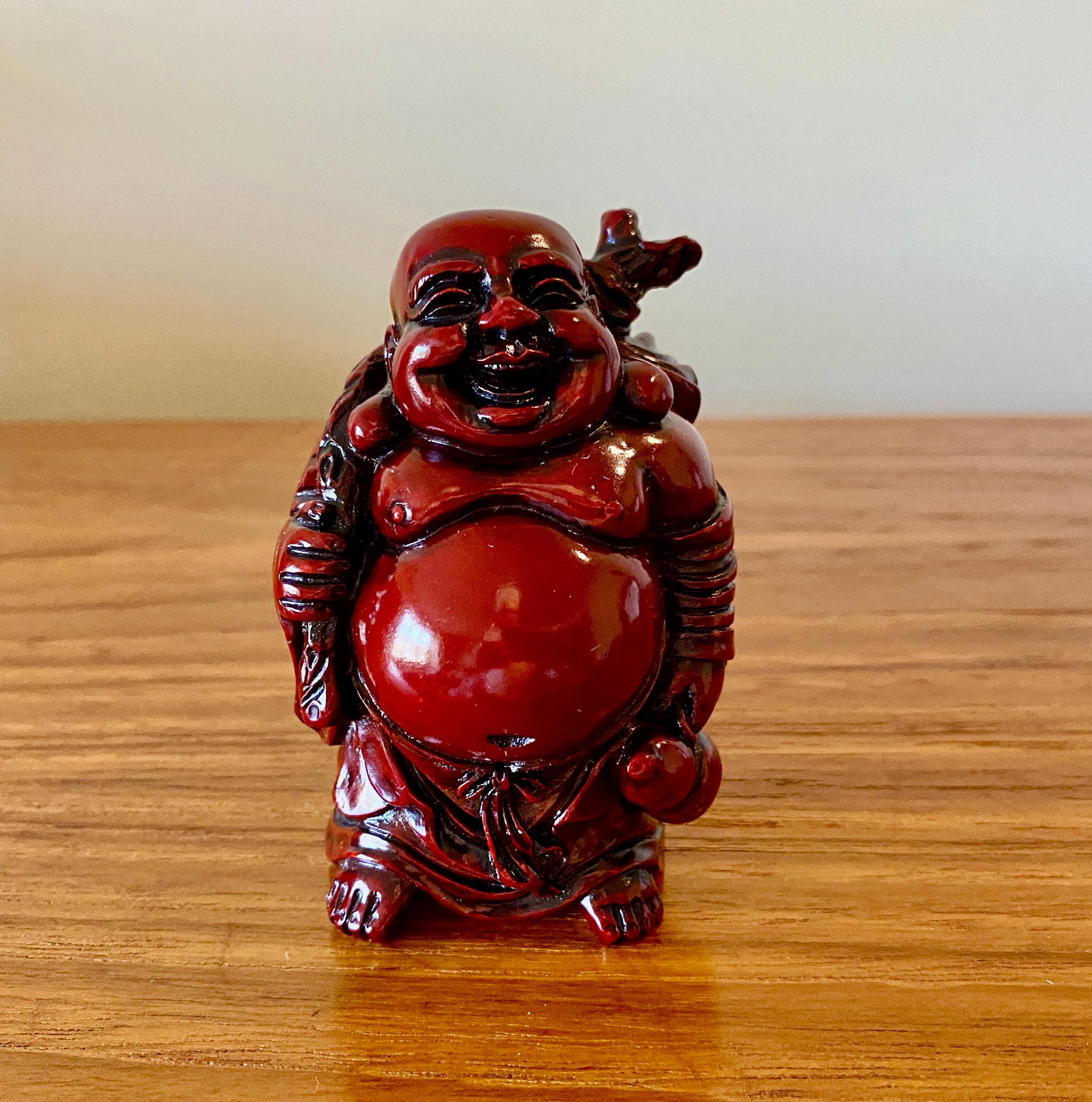 Vintage Happy Buddha Figurine: Red Cinnabar Resin, Made in China