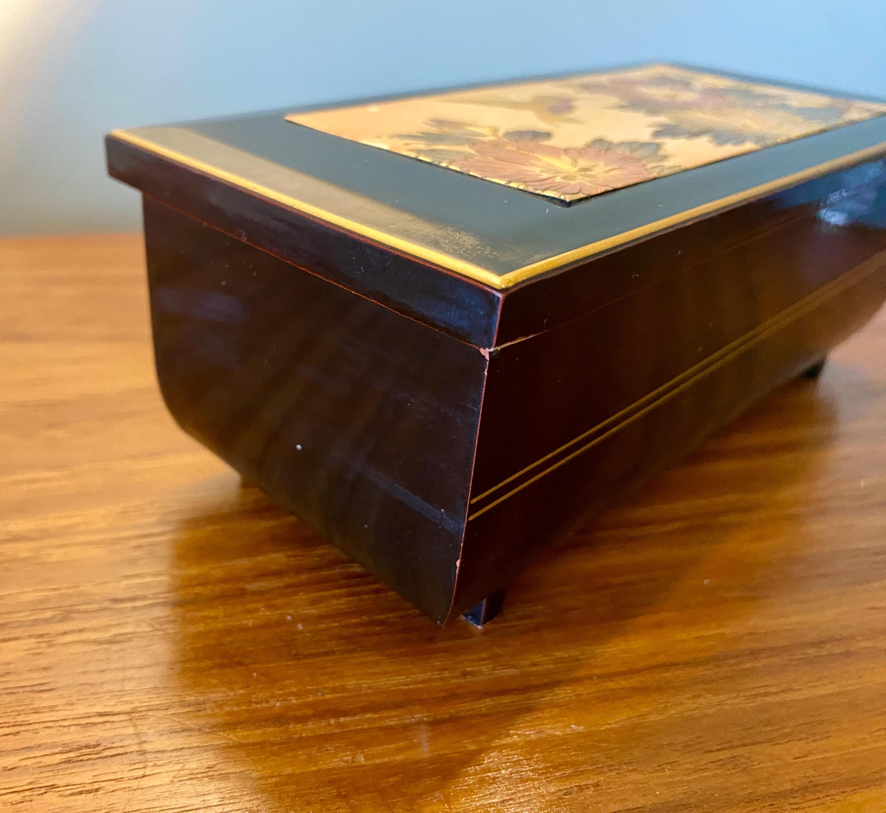Vintage Chokin Lacquered Music Jewelry Box: Japanese Hummingbird