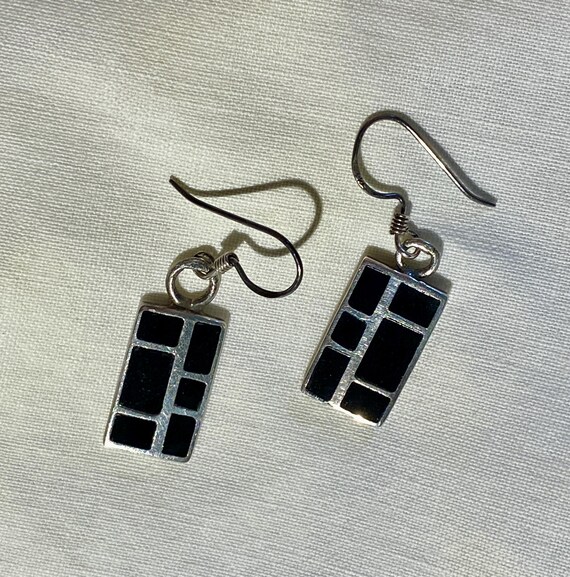 Vintage Black and 925 Silver Rectangular Dangle E… - image 1