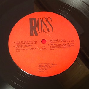 Pu&ograve; includere: Un'etichetta di disco in vinile rossa con la parola "ROSS" in grandi lettere bianche. L'etichetta elenca i titoli delle tracce e gli artisti del lato B del disco, tra cui "Let's Go Up", "Love or Loneliness", "Up Front" e "Girls".