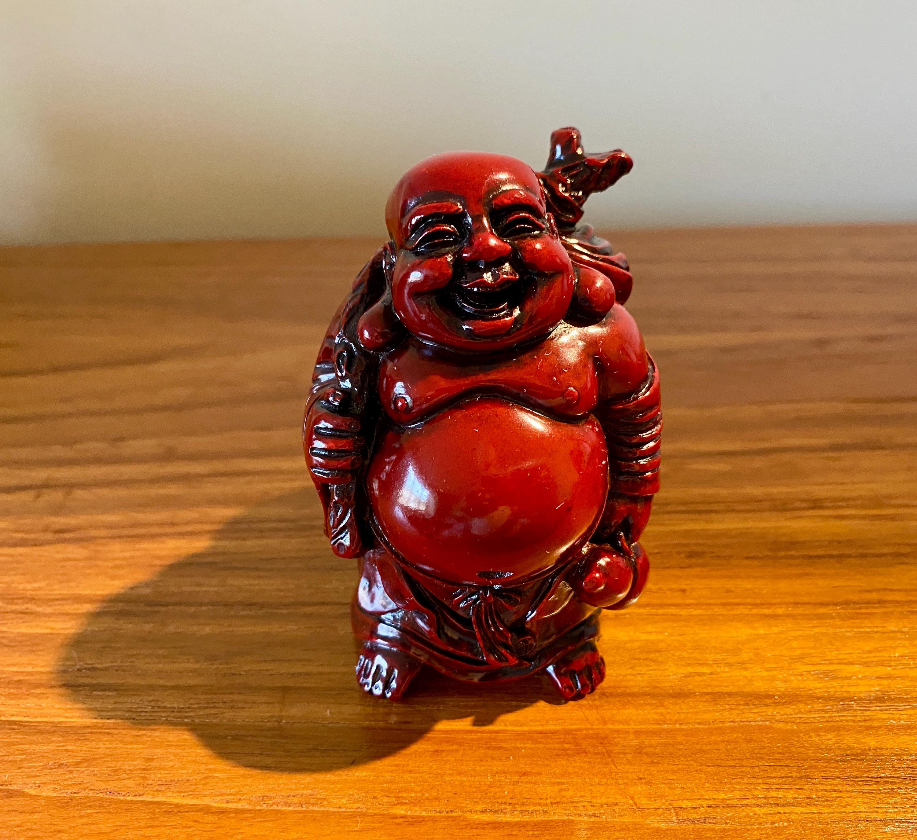 Vintage Happy Buddha Figurine: Red Cinnabar Resin, Made in China