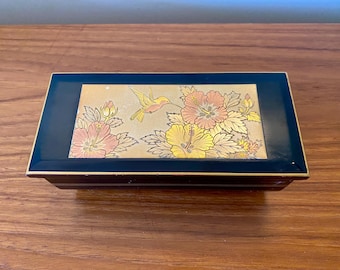 Vintage Chokin Lacquered Music Jewelry Box: Japanese Hummingbird