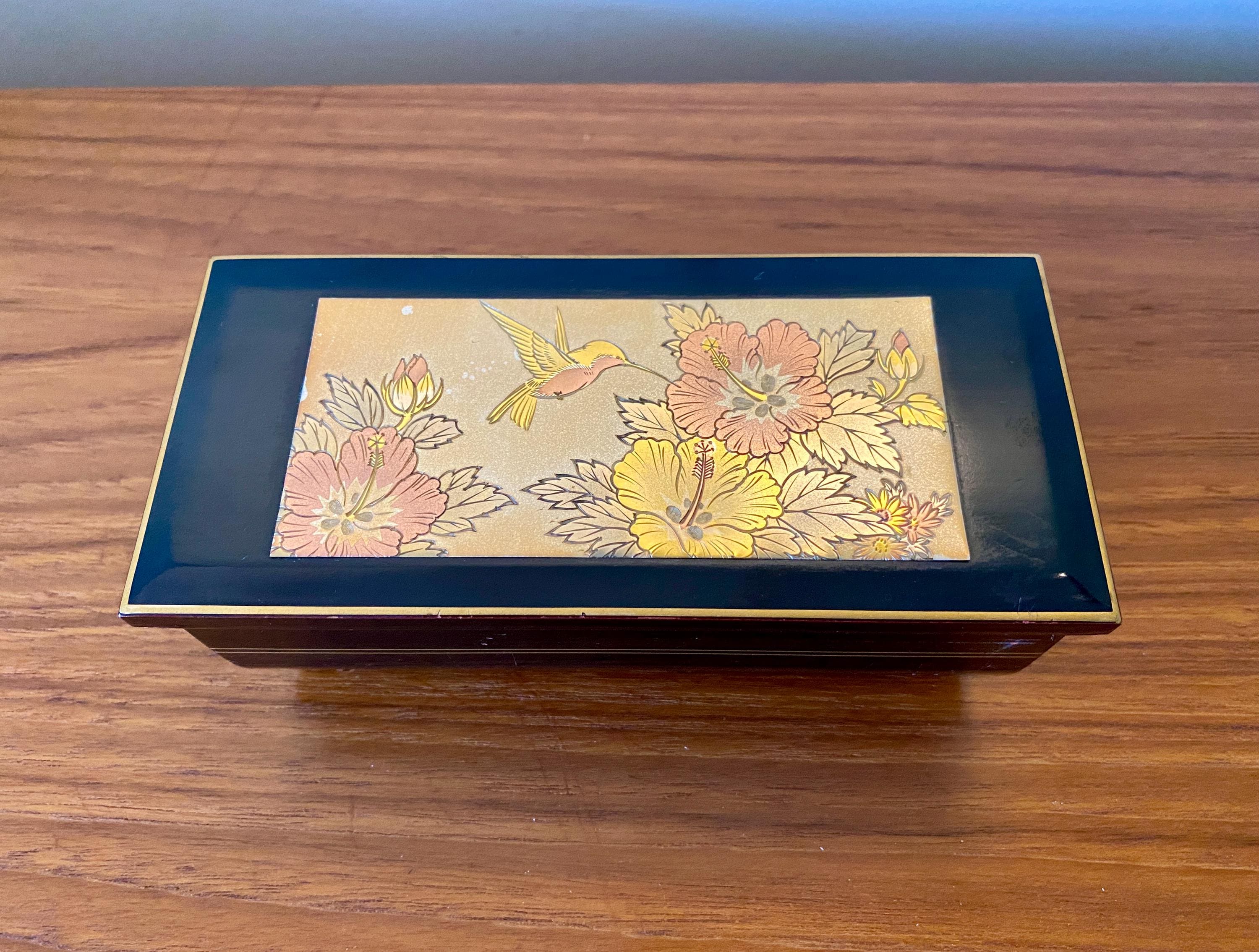 Vintage Chokin Lacquered Music Jewelry Box: Japanese Hummingbird