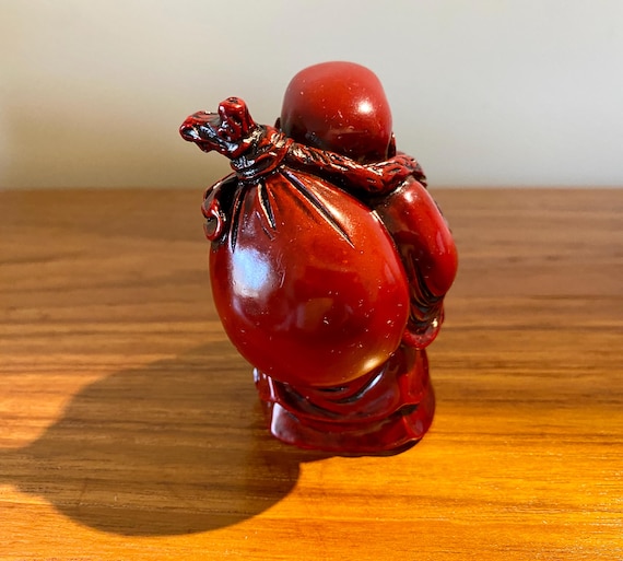 Vintage Happy Buddha Figurine: Red Cinnabar Resin, Made in China