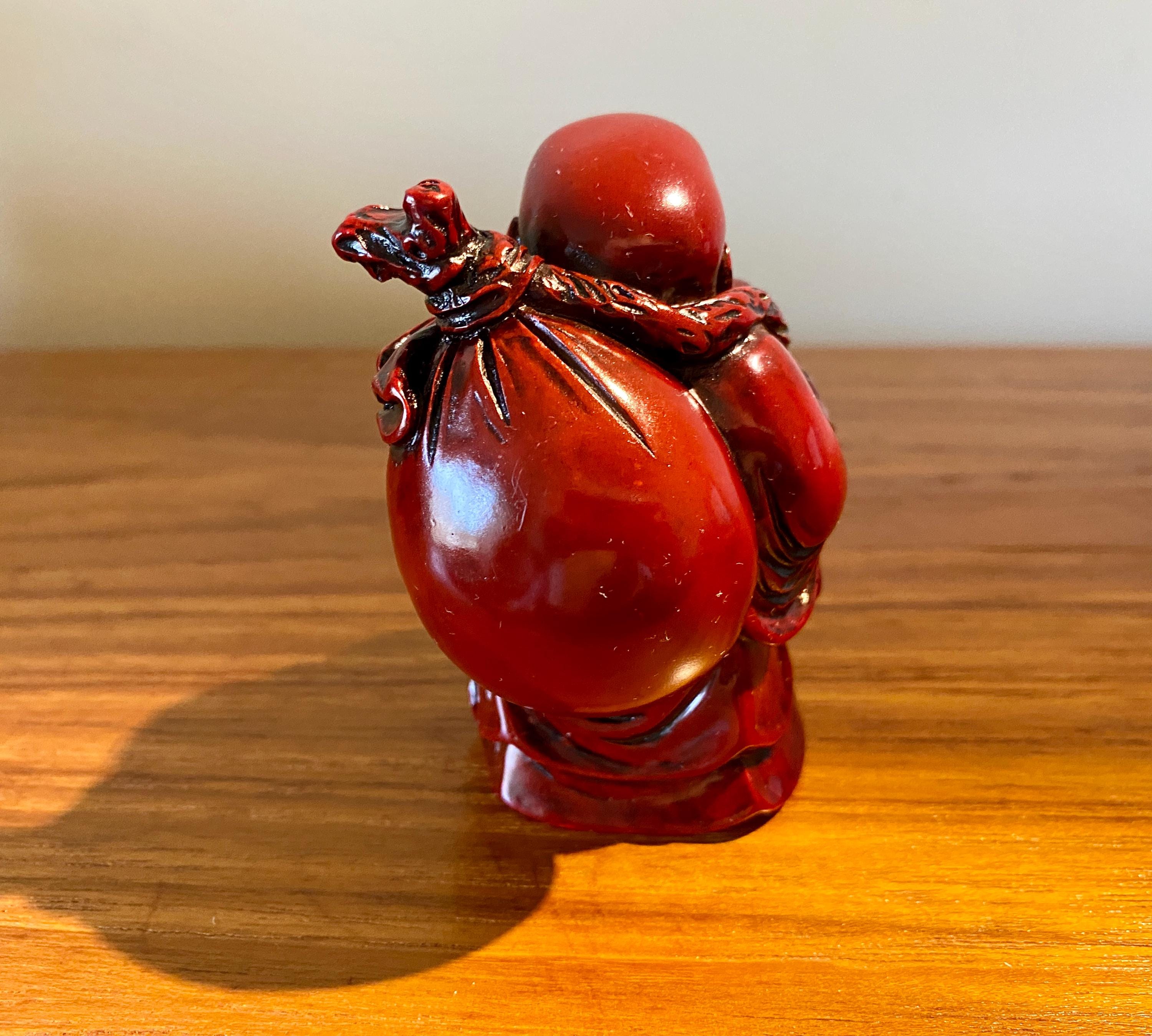 Vintage Happy Buddha Figurine: Red Cinnabar Resin, Made in China