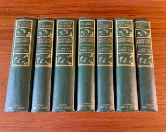 Op de afbeelding: Een set van acht groene hardcover boeken met gouden letters en illustraties. De boeken maken deel uit van de Waverley Novels Border Edition, bewerkt door Andrew Lang. De titels omvatten "Betrothed and the Talisman", "The Monastery", "Peveril of the Peak", "The Abbot", "Old Mortality", "Heart of Midlothian", "St. Ronan's Well", en "The Bride of Lammermoor".