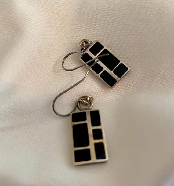 Vintage Black and 925 Silver Rectangular Dangle E… - image 3