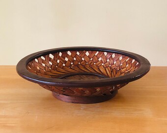 Vintage Round Woven Basket with Leather Edge - Warm Browns - 14" Diameter - 3" Depth