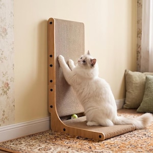 May include: A light-colored wooden cat scratching post with a vertical and horizontal textured sisal surface. The structure features a curved frame with visible black screw fasteners along the side, providing a stable base for scratching.