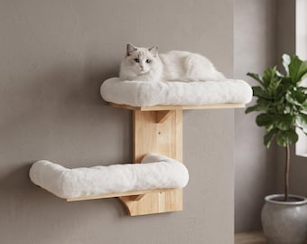 Wooden Cat Wall Shelves with 2 Cushioned Perches, Floating Cat Shelf and Bed