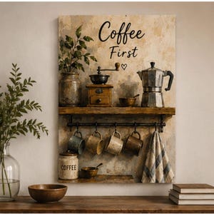 Decoración de pared con temática de café: lienzo rústico impreso para estaciones de trabajo.