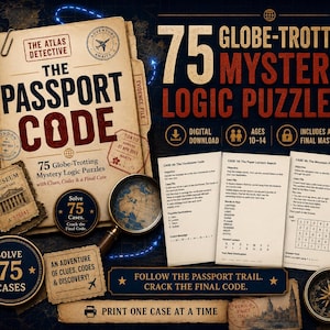 May include: A game set titled The Passport Code featuring 75 globe-trotting mystery logic puzzles. The set includes a file folder, three puzzle sheets, a magnifying glass, a compass, and various travel-themed graphics like stamps and maps.
