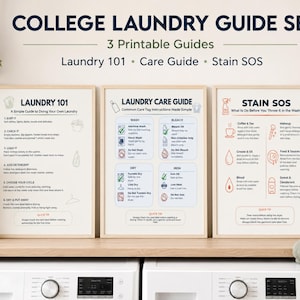 May include: A set of three printable laundry guides titled College Laundry Guide Set, featuring Laundry 101, Laundry Care Guide, and Stain SOS. Each poster contains instructional text, icons, and tips for sorting, washing, drying, and stain removal.