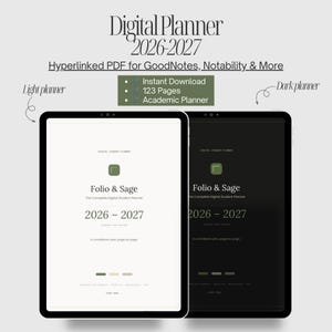 Puede incluir: Una agenda digital para 2026-2027 titulada Folio & Sage, presentada como un PDF con hipervínculos para GoodNotes y Notability. La imagen muestra dos pantallas de tableta con una versión clara y oscura de la agenda académica de 123 páginas.