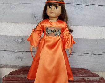 Vestido renascentista laranja feito à mão, adorno de cabeça e chinelos para bonecas de 18 polegadas.