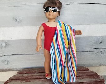Conjunto de maiô de boneca: maiô vermelho brilhante, toalha, óculos de sol, sapatos