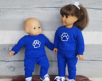 Macacão de boneca: aplique de pata de gato azul - serve para American Girl e Bitty Baby