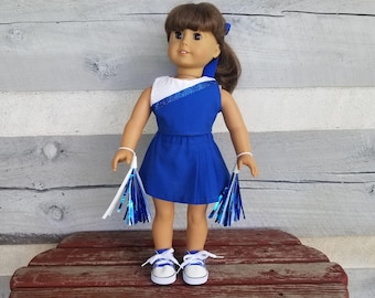 Traje de líder de torcida azul para bonecas de 18 polegadas: top, saia e pompons