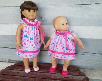 Vestido de boneca rosa feito à mão que serve para American Girl e Bitty Baby