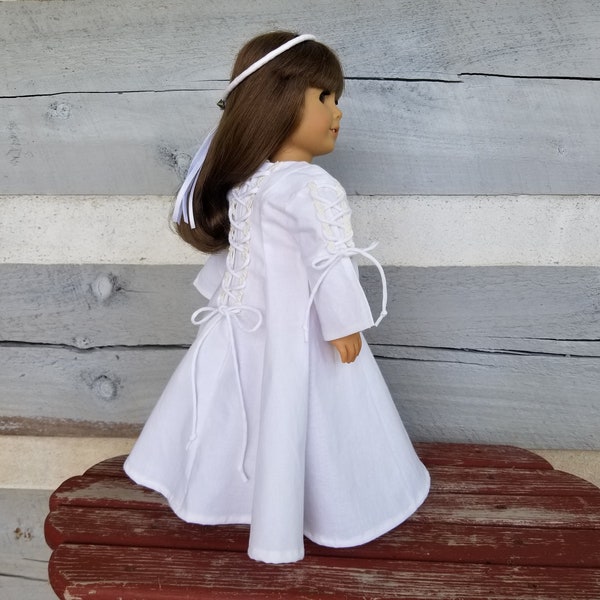 Renaissance style dress, slippers and headpiece for 18-inch dolls, Handmade from Roc Lon premium bleached muslin (white)