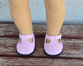 Sapatos de boneca rosa em couro sintético que servem em bonecas American Girl de 45 cm (18 polegadas).