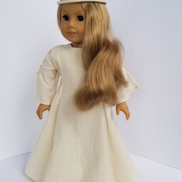 Renaissance wedding style dress, slippers and headpiece for 18-inch dolls, Handmade from Roc Lon unbleached muslin (natural color)