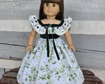 Vestido Scarlett Ohara para boneca de 45 cm (18 polegadas), estilo sulista, em tecido floral verde.