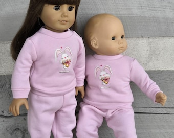 Conjunto de moletom rosa para boneca com coelhinho do Dia dos Namorados, serve para bonecas American Girl e Bitty Baby.