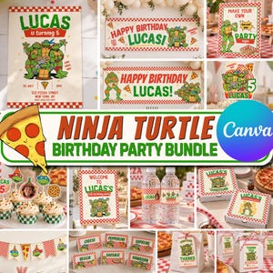 Puede incluir: Un conjunto de artículos para fiesta de cumpleaños de las Tortugas Ninja que incluye invitaciones, pancartas, adornos para cupcakes, etiquetas para botellas y cajas de regalo con dibujos de tortugas, pizzas y patrones de cuadros rojos.