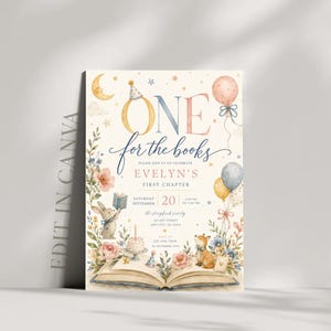 First Birthday Invitation, One for the Books Birthday, Book Themed Birthday Invite, First Chapter Invitation, Editable Canva Template