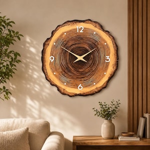 Rustic Wood Slice Wall Clock, Silent Non-Ticking Wooden Wall Clock, Farmhouse Tree Ring Clock, Rustic Living Room Decor