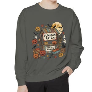 May include: A dark gray crewneck sweatshirt featuring a graphic print of a pumpkin patch stand. The design includes orange jack-o'-lanterns, a full moon, bats, ghosts, a black cat, and a sign that reads PUMPKIN PATCH and OPEN AFTER MIDNIGHT.